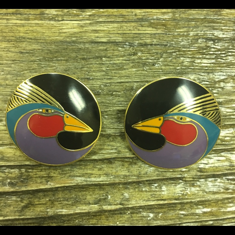 VTG Laurel Burch Harlequin Bird Cool Post Earrings
